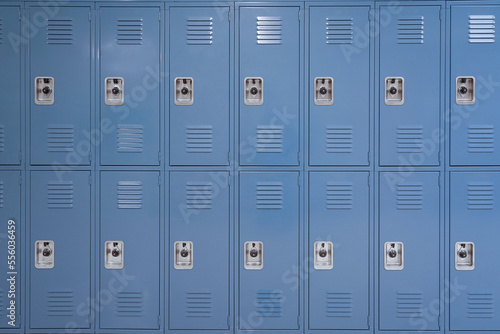 close up on blue lockers in the school