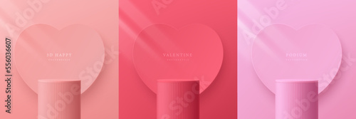 Set of 3D valentine day background with pink, coral red realistic cylinder stand podium. Heart shape backdrop. Vector geometric form. Mockup product display. Pastel minimal wall scene. Stage showcase.