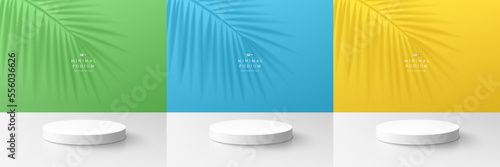 3D background, Realistic white cylinder pedestal podium with green, blue, yellow color wall scene and palm leaf shadow. Minimal scene for mockup product display. Vector geometric form. Stage showcase.