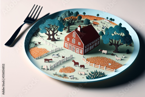 Layered Paper Cut style Illustration of a small farm on a dinner plate