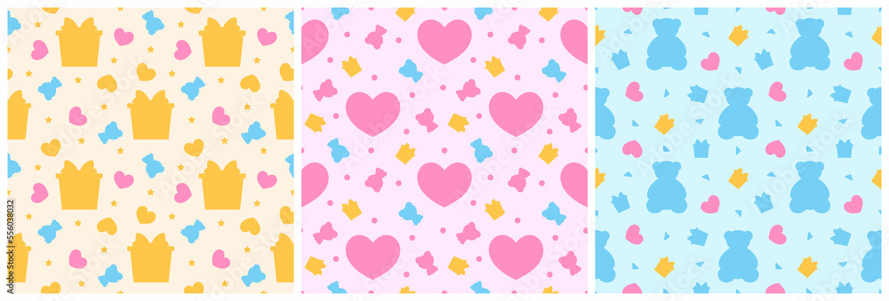 Set of Happy Valentine's Day Seamless Pattern Design with Decoration in Template Hand Drawn Cartoon Flat Illustration