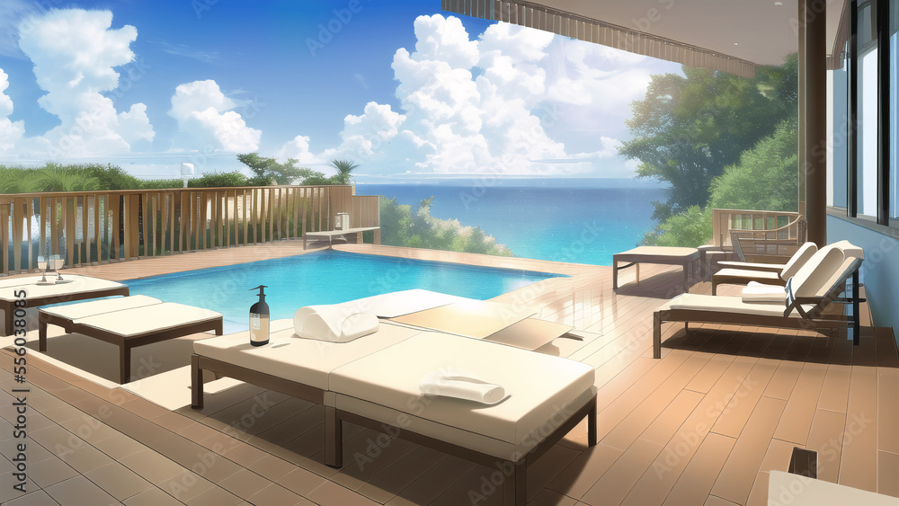 アニメ調のリゾート系背景イラスト(AI generated image) アニメ調のリゾート系背景イラスト(AI generated image)