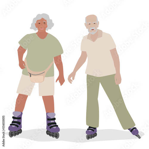 Older man and woman rollerblading active lifestyle