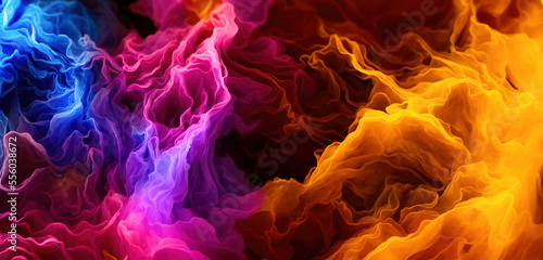 Intense and powerful flames on black background. vibrant and colourful energy in motion, with a dramatic and dynamic effect, exploding fantasy fire and flowing flames. Generative AI