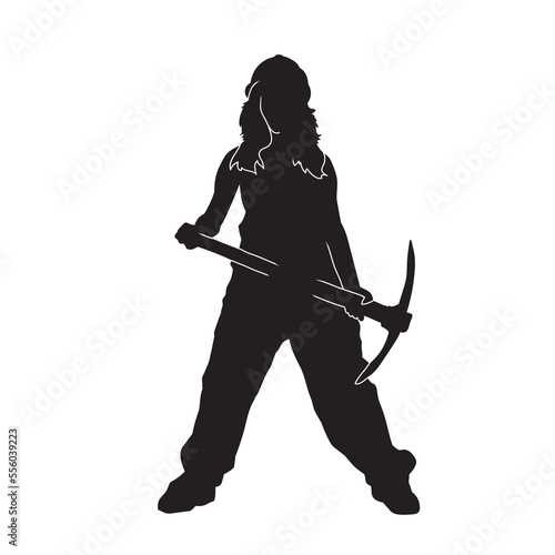 Vector black Silhouette of a construction woman with pickaxe, coal, or gold miner working in underground. Female miner. construction worker vector silhouette. wearing helmet wear pack and tools.