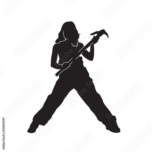 Vector black Silhouette of a construction woman with pickaxe, coal, or gold miner working in underground. Female miner. construction worker vector silhouette. wearing helmet wear pack and tools.