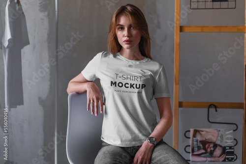 Girls white t-shirt mockup with model