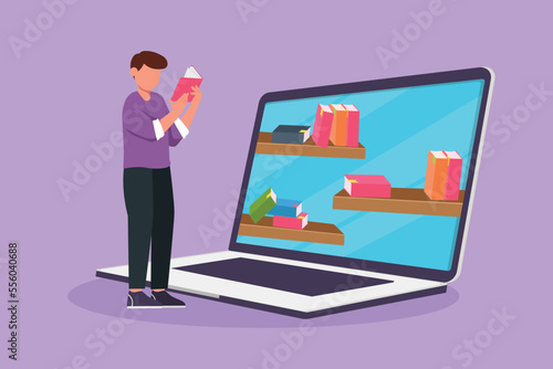 Graphic flat design drawing young male college student reading book while standing in front of laptop computer with bookshelf on screen. Digital education technology. Cartoon style vector illustration © onetime