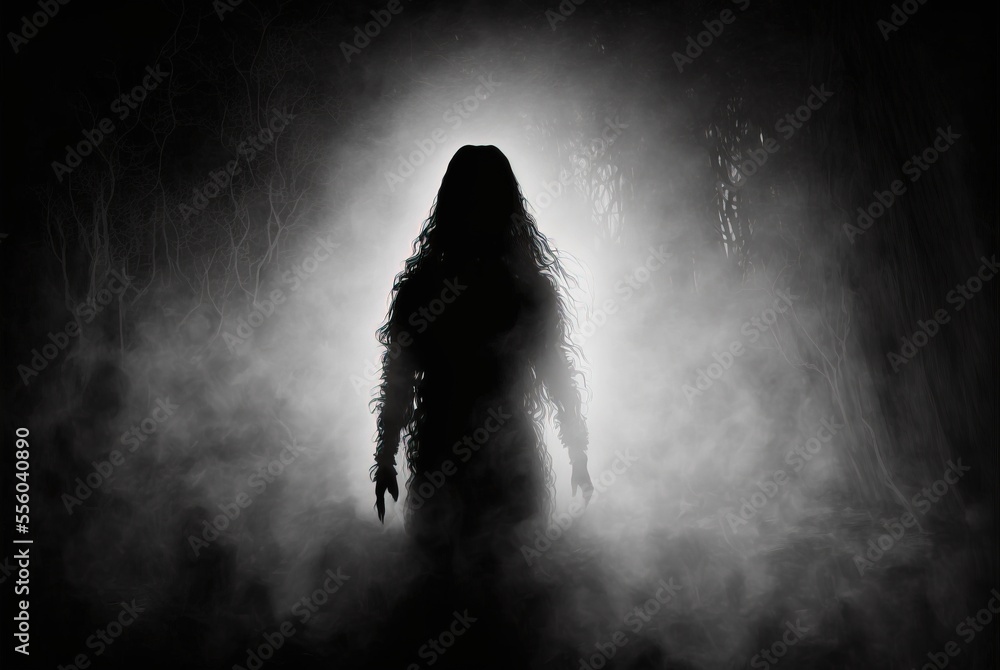 Haunted apparition in a dress with long hair in dense white midnight ...