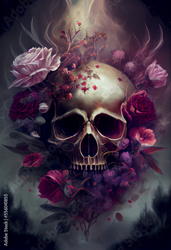 Skull Surrounded with White and Pink Flowers. Generative ai
