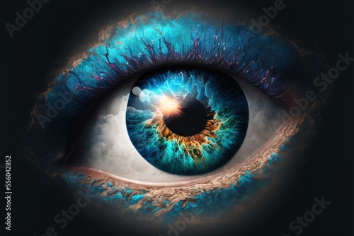  a close up of a blue eye with clouds in the background and a bright light in the center of the eye. Generative AI