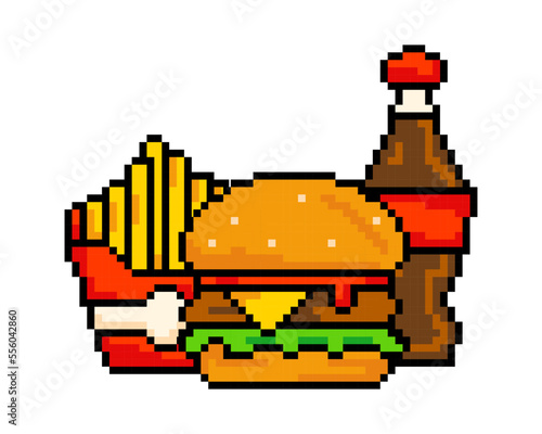 Set pixel fast food items: hamburger, french fries, and a drink. Vector illustration 8-bit, isolated fast food pixel art.