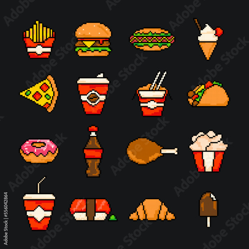 Fast food pixel art icons set, fast restaurant pixelated elements burger, hot dog, taco, ice cream, pizza, coffee. Vector illustration game assets 8-bit sprite, isolated street food pixel.