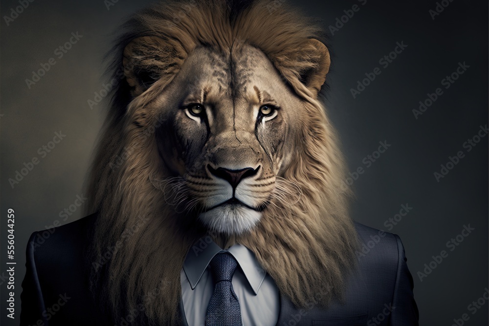 a lion wearing a suit and tie with a dark background and a dark ...