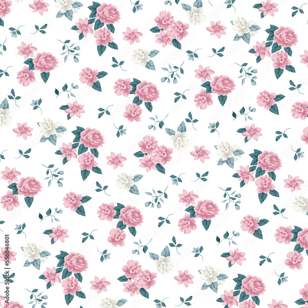 Pink Rose Flower and Leaf Garden Allover Seamless Pattern Design Artwork