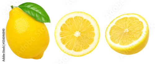 lemon fruit with leaves, slice, and half isolated, Fresh and Juicy Lemon, transparent png, PNG format, cut out.