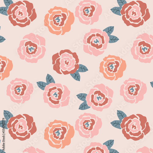 Blush Abstract Rose Flower and Green Leaf Allover Seamless Pattern Design Artwork