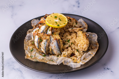 Anchovy pilaf (hamsi pilav), Turkish cuisine, Black Sea specialty (Turkish name; hamsili pilav) photo