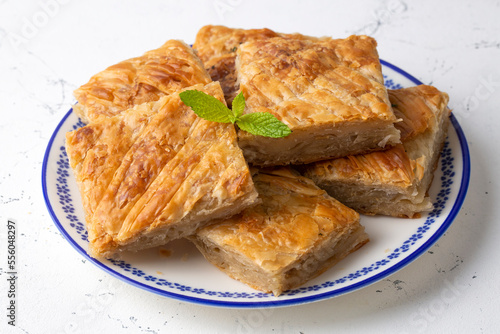 Handmade Greek spring rolls with cheese, sliced into squares. Turkish name; el yapimi tepsi boregi