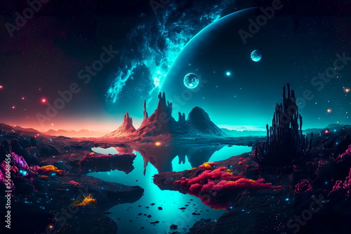 Fantasy night landscape with abstract islands and night sky with space galaxies. © Лилия Захарчук