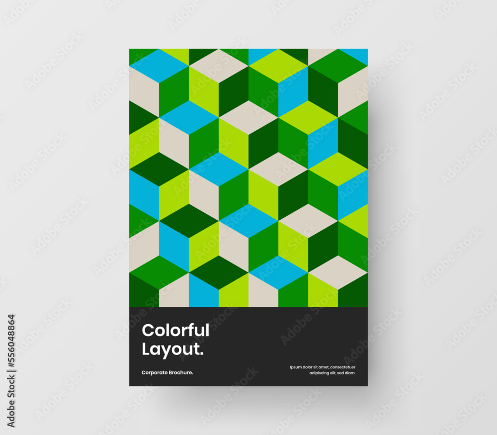 Unique booklet A4 vector design layout. Clean geometric hexagons magazine cover illustration.