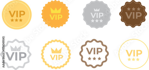 Set VIP badges in gold, silver and bronze color. Round label with three vip level. Modern vector illustration