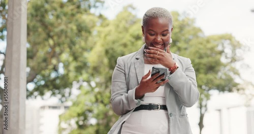 Happy, smartphone and black woman in park, excited for job application and connectivity for social media, typing and loan. Nigerian female, girl and phone for email, surprise and acceptance letter. photo