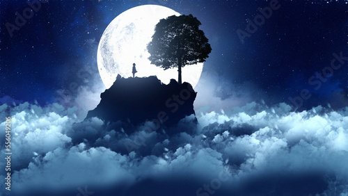 girl mountain moon night and tree light digital art type painting 3d illustration  high definition  wallpaper