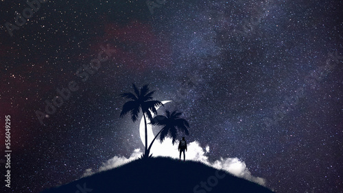 moon night sky light digital art painting  3d illustration , high definition   wallpaper