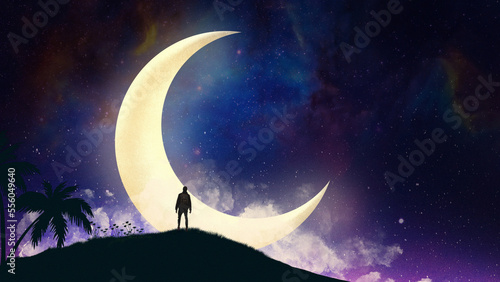 moon night light scene digital art ,type painting ,3d illustration , high definition ,  wallpaper