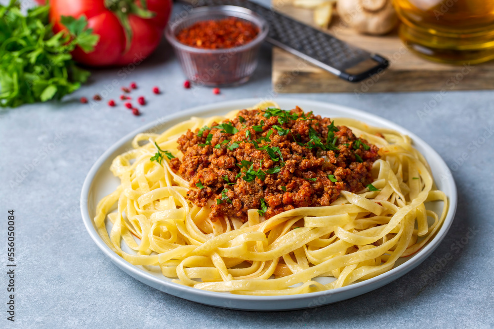 Spaghetti with minced meat in tomato sauce, pasta with noodles. Turkish noodle pasta. Spaghetti with minced meat in tomato sauce, pasta with noodles. Turkish noodle pasta.