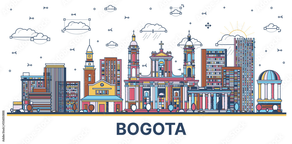 Outline Bogota Colombia City Skyline with Colored Historic Buildings Isolated on White.
