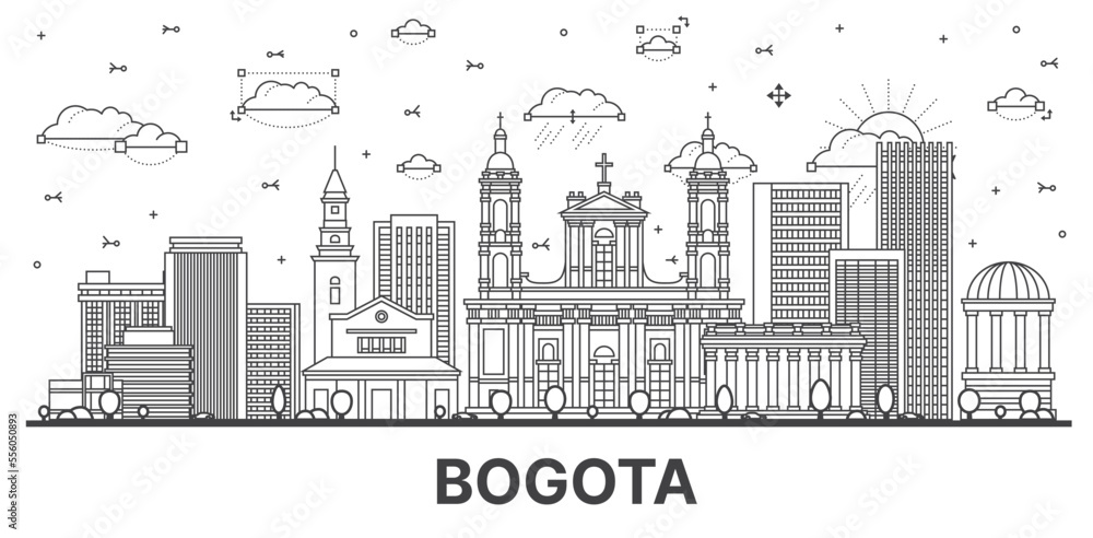 Outline Bogota Colombia City Skyline with Historic Buildings Isolated on White.