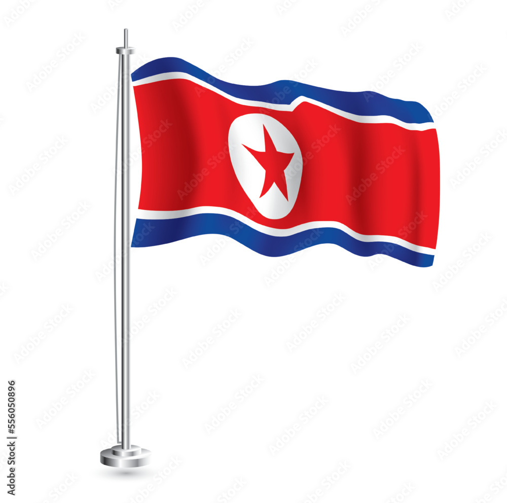 North Korea Flag. Isolated Realistic Wave Flag of North Korea Country on Flagpole. North Korea Flag. Isolated Realistic Wave Flag of North Korea Country on Flagpole.
