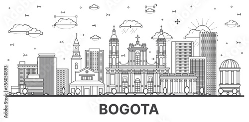 Outline Bogota Colombia City Skyline with Historic Buildings Isolated on White.