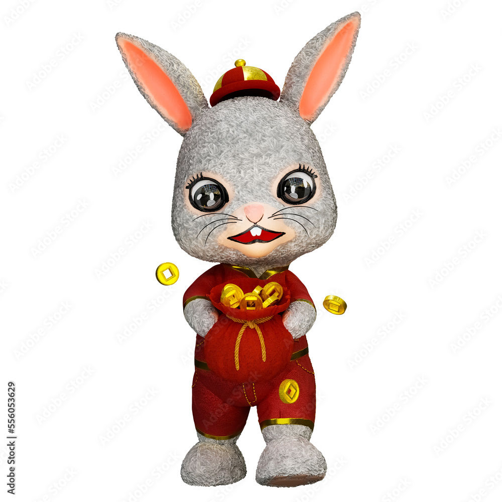 The Chinese New Year emblem of a standing fluffy rabbit clutching a fortunate bag full of money is celebrated in this 3D rendering illustration.