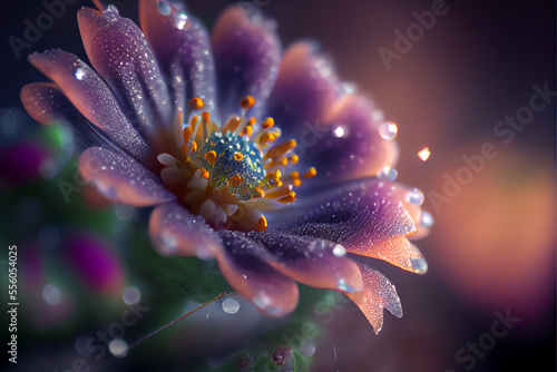 Fantasy Colorful Flowers with Dew Drops. Generative ai