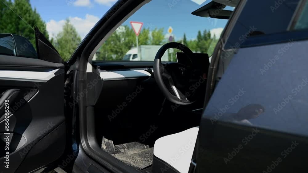 Caucasian man open electro car with hidden handle. Caucasian man open electro car with hidden handle.