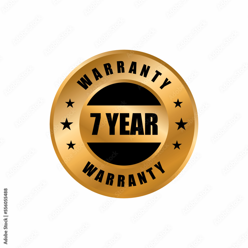 7 year warranty vector icon. color in gold, seven years warranty stamp