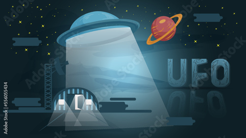 Ufo takes off from a secret base against the background of the planet and stars flat illustration for design