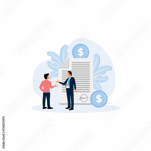 Financial obligation document. Promissory bill, loan agreement, debt return promise. Issuer and payee signing contract. Businessmen making deal. Vector ILLUSTRATION photo