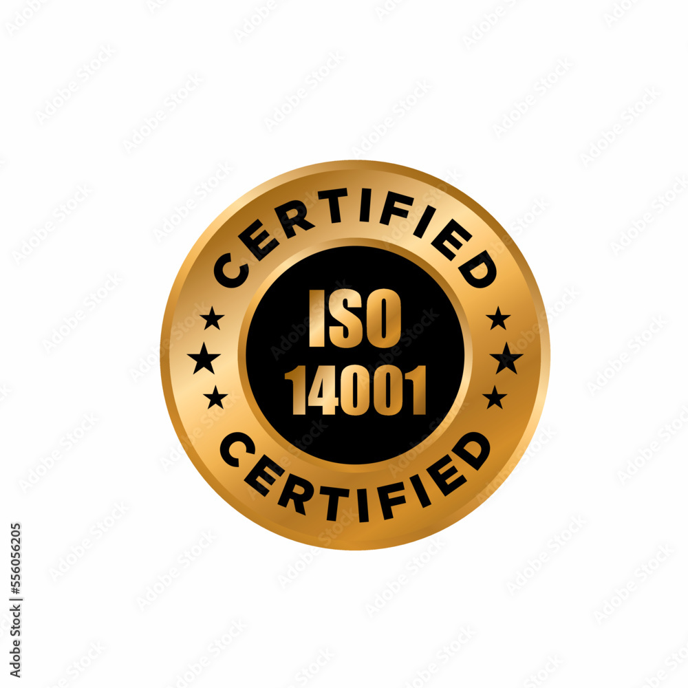 ISO 14001 certified golden label, vector illustration