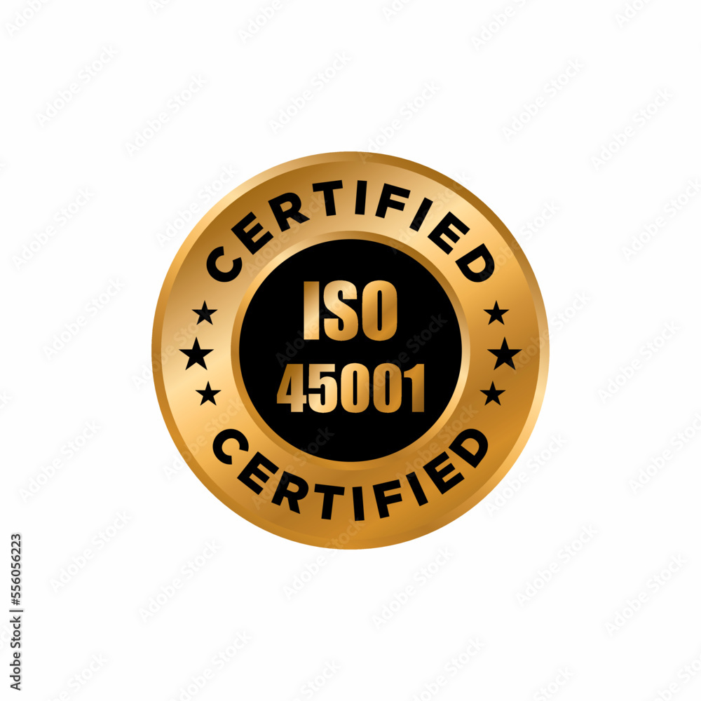 ISO 45001 - Health And Safety, certification stamp. Flat style, simple design.