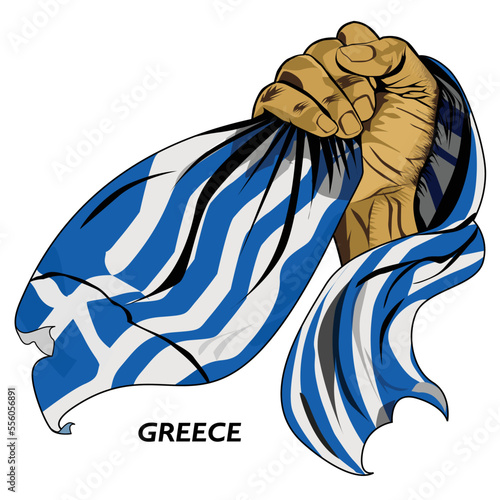 Fisted hand holding Greek flag. Vector illustration of Hand lifted and grabbing flag. Flag draping around hand. Eps format