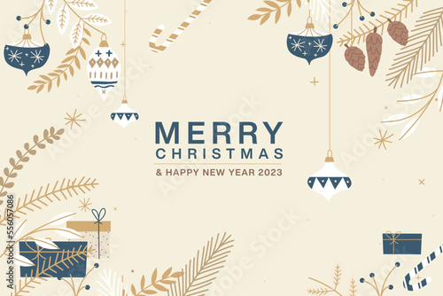Simple Christmas background, elegant geometric minimalist style. Happy new year banner. Snowflakes, decorations and Xmas trees elements.