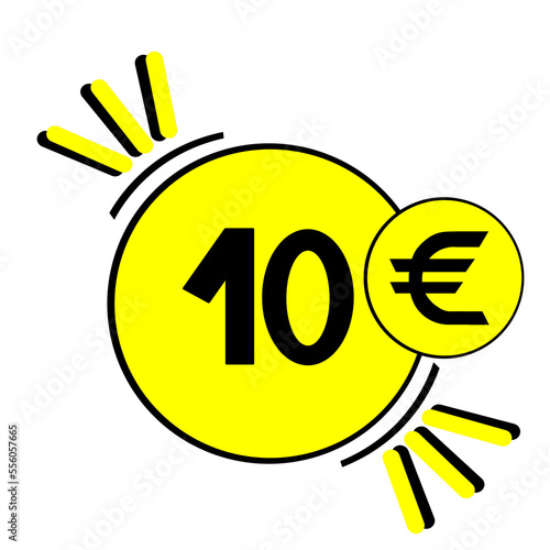 10 euro,ten euro black number in yellow circle with black border