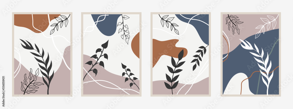 Botanical wall art vector set. Foliage line art drawing with abstract shape. Abstract Plant Art design for print, cover, wallpaper, Minimal and natural wall art. Vector illustration.