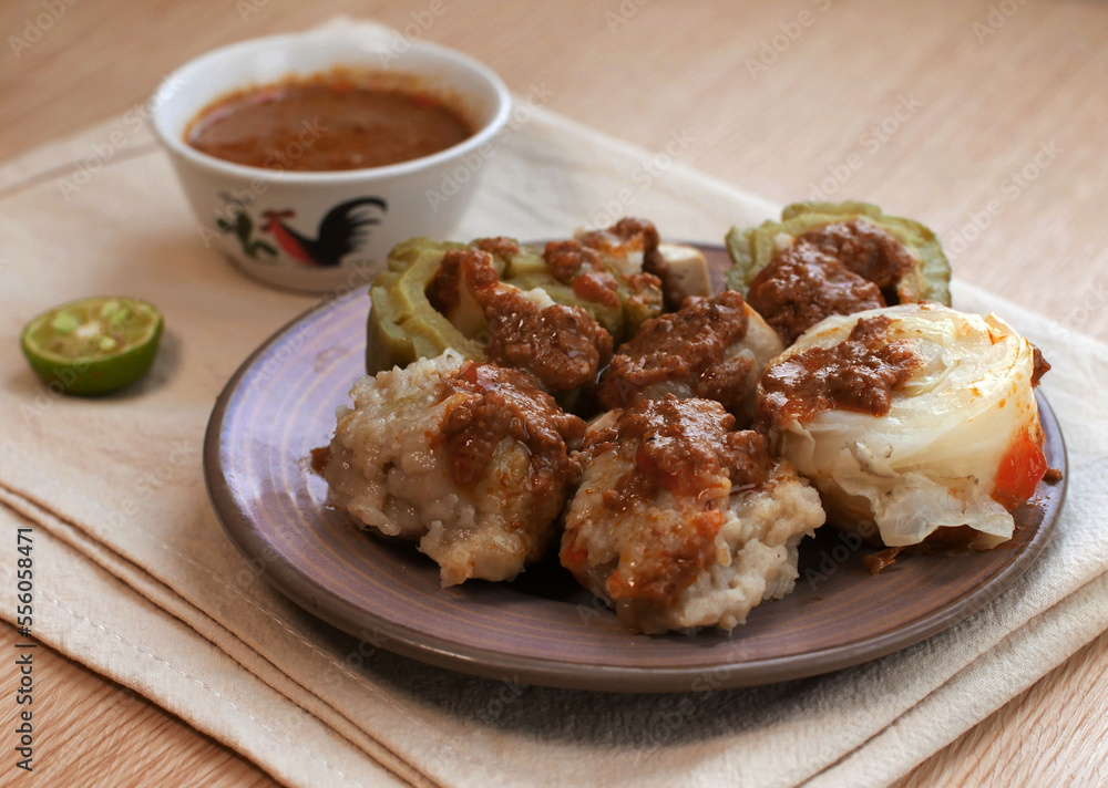 indonesia street food , siomay with peanut sauce indonesia street food , siomay with peanut sauce