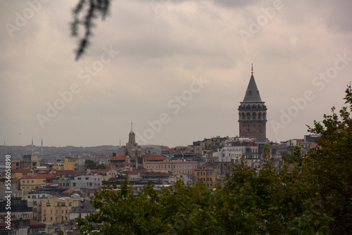 View of Galata Tower of Istanbul in Turkey. Sky and cloud background. View of Istanbul. Turkish name  Galata Kulesi. August  2022.