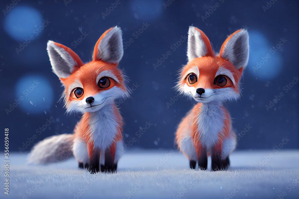 Fototapeta premium two small cute foxes in the snow,illustration,animals in the snow 